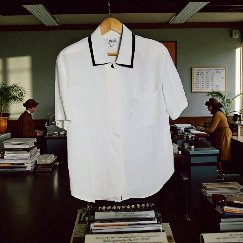 Elegant White Sz 18 Square Collar Button Down Shirt 1970s By Leslie Fay